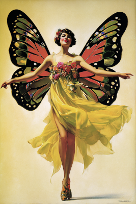 Vibrant art deco illustration of flapper woman with large monarch butterfly wings, yellow floral dress, outstretched arms, and patterned heels.
