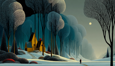 Stylized snowy forest with bulbous trees, yellow cabin emitting smoke, full moon, and lone figure on path