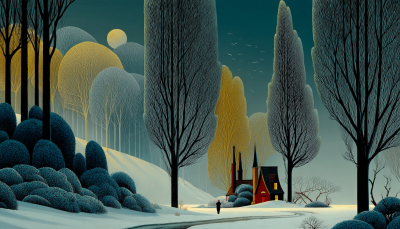 Stylized snowy landscape with teal trees, blue bushes, red house with towers, walking figure on path, large yellow moon, flying birds