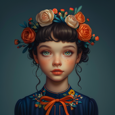 Close-up portrait of freckled girl with green eyes, orange and white rose crown, navy floral-embroidered dress on teal background