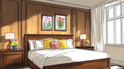 Illustration of a cozy bedroom with wooden paneling, floral paintings, and a bed with yellow and pink pillows.