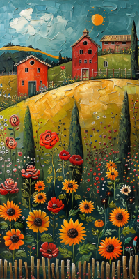 Thick impasto painting of red barns on golden hill, cypress trees, foreground wildflowers including sunflowers and poppies, blue sky with sun.