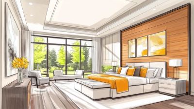 A contemporary bedroom with large windows, wooden accents, and orange bedding.