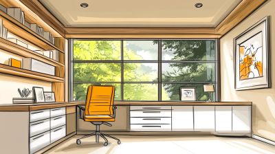 Illustration of a modern office with a large window, orange chair, desk, and bookshelves.