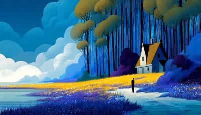 A person walks towards a house in a colorful, surreal landscape with blue and yellow tones at twilight.