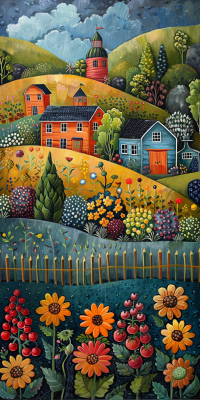 Vibrant naive folk painting of rolling hills, red lighthouse, colorful cottages, lush flowers, trees, and pencil fence on teal ground.