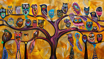 Vibrant colorful owls perched on abstract purple and pink tree branches against golden yellow background