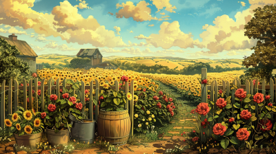 Vibrant digital painting of sunflower and rose garden path leading to rustic house amid golden fields and blue skies with clouds