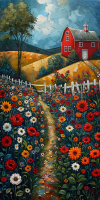 Impressionist painting of crimson red barn on hills, winding path through colorful wildflowers, picket fence, tree, and dramatic cloudy sky.