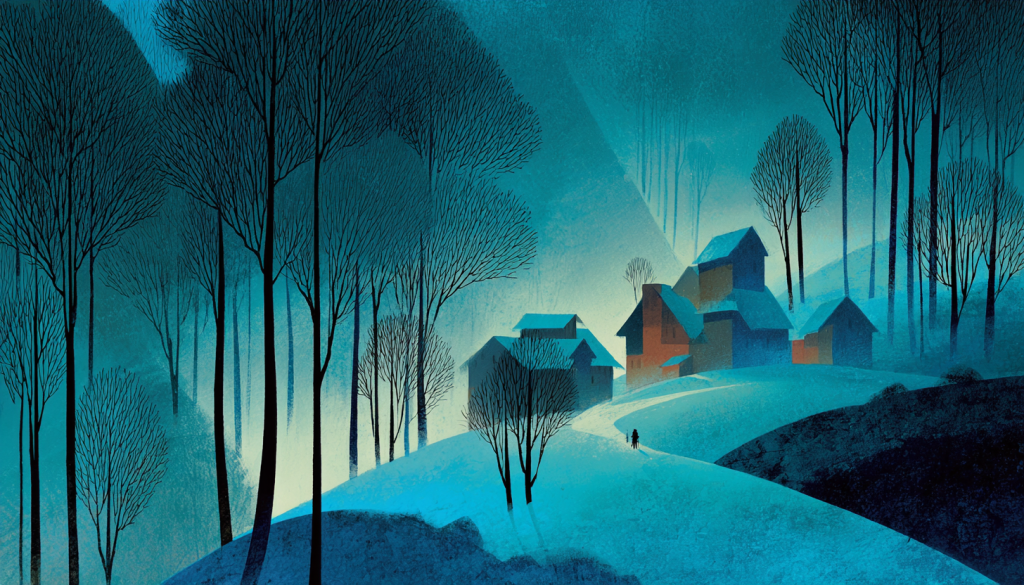 Panoramic winter scene of colorful-roofed houses on snowy hill amid dark bare trees under blue twilight sky with path and figures