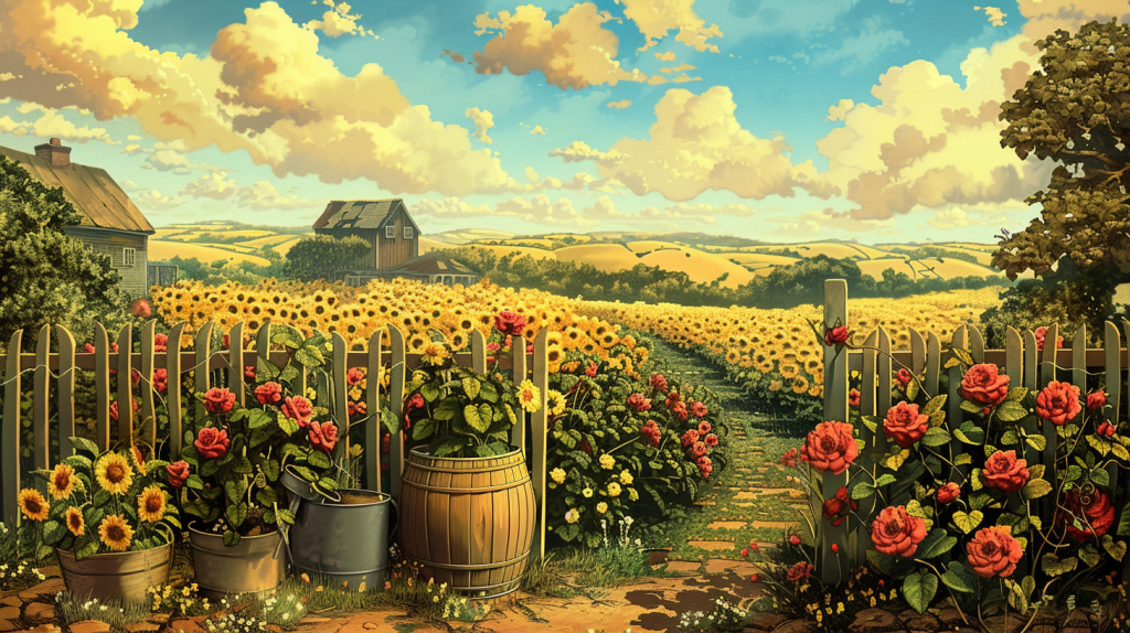 Vibrant digital painting of sunflower and rose garden path leading to rustic house amid golden fields and blue skies with clouds