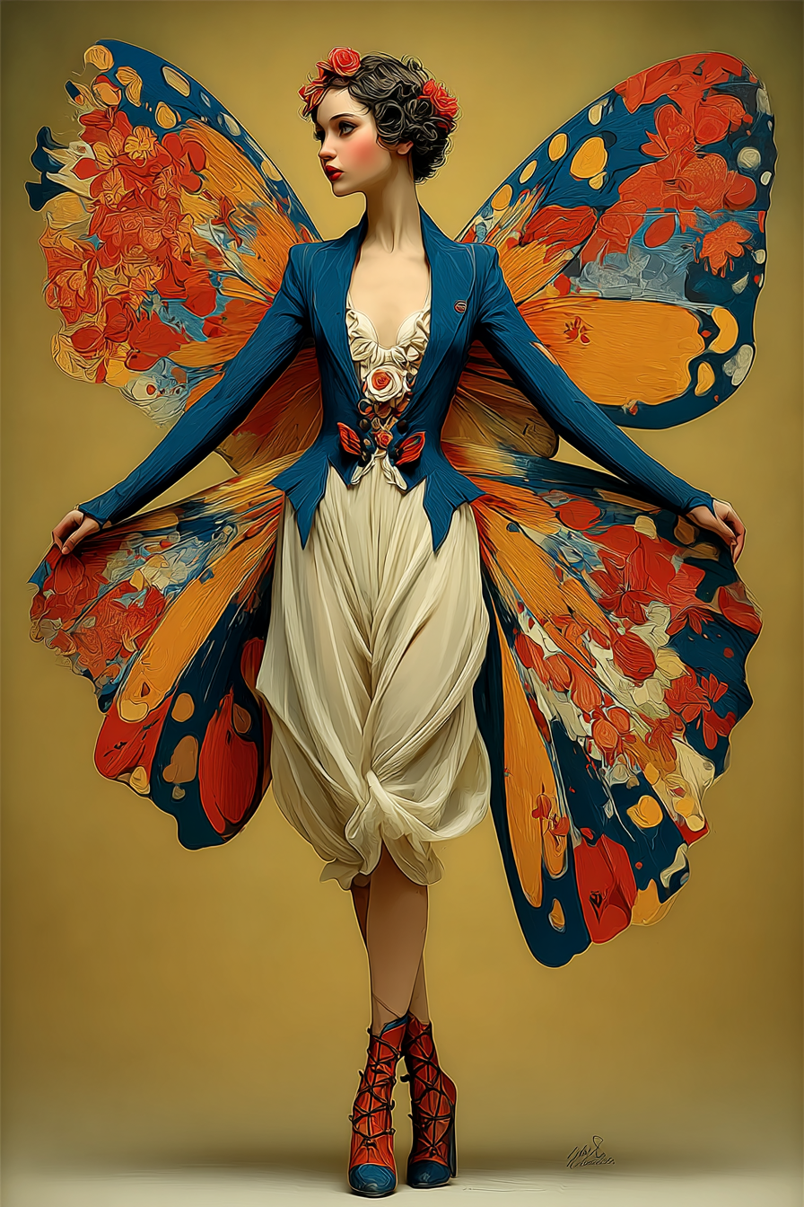 Hyperrealistic portrait of woman with large teal-orange butterfly wings, blue jacket, white skirt, red boots, yellow background